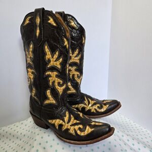 Johnny Ringo Boots Women's Size 8 B Brown Leather w Python Print Inlay Snip Toe